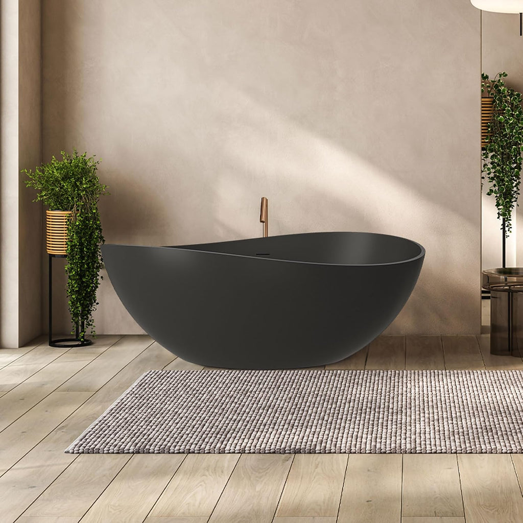 CASAINC 63' Free Standing Tub, Matte Black Stone Resin Freestanding Bathtub Solid Surface Soaking Tub with Drain, Drain Hose & Sanding Paper