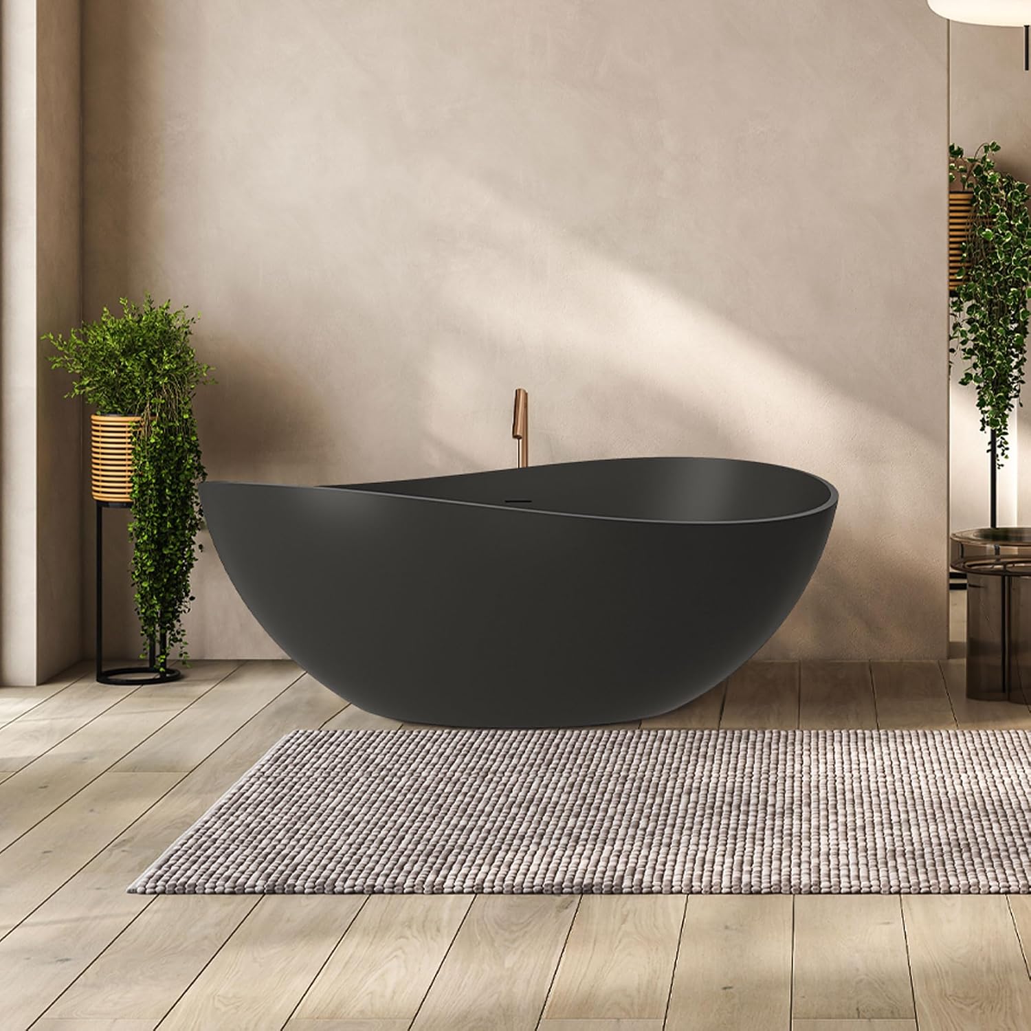 CASAINC 63' Free Standing Tub, Matte Black Stone Resin Freestanding Bathtub Solid Surface Soaking Tub with Drain, Drain Hose & Sanding Paper