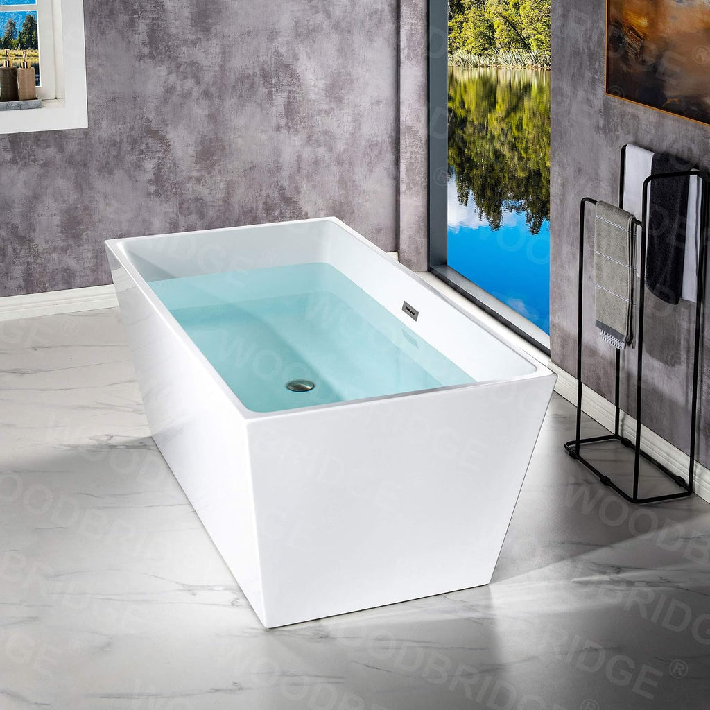 WOODBRIDGE 59' Acrylic Freestanding Bathtub Contemporary Soaking White Tub with Brushed Nickel Overflow and Drain，BTA1412-B/N-Drain&O