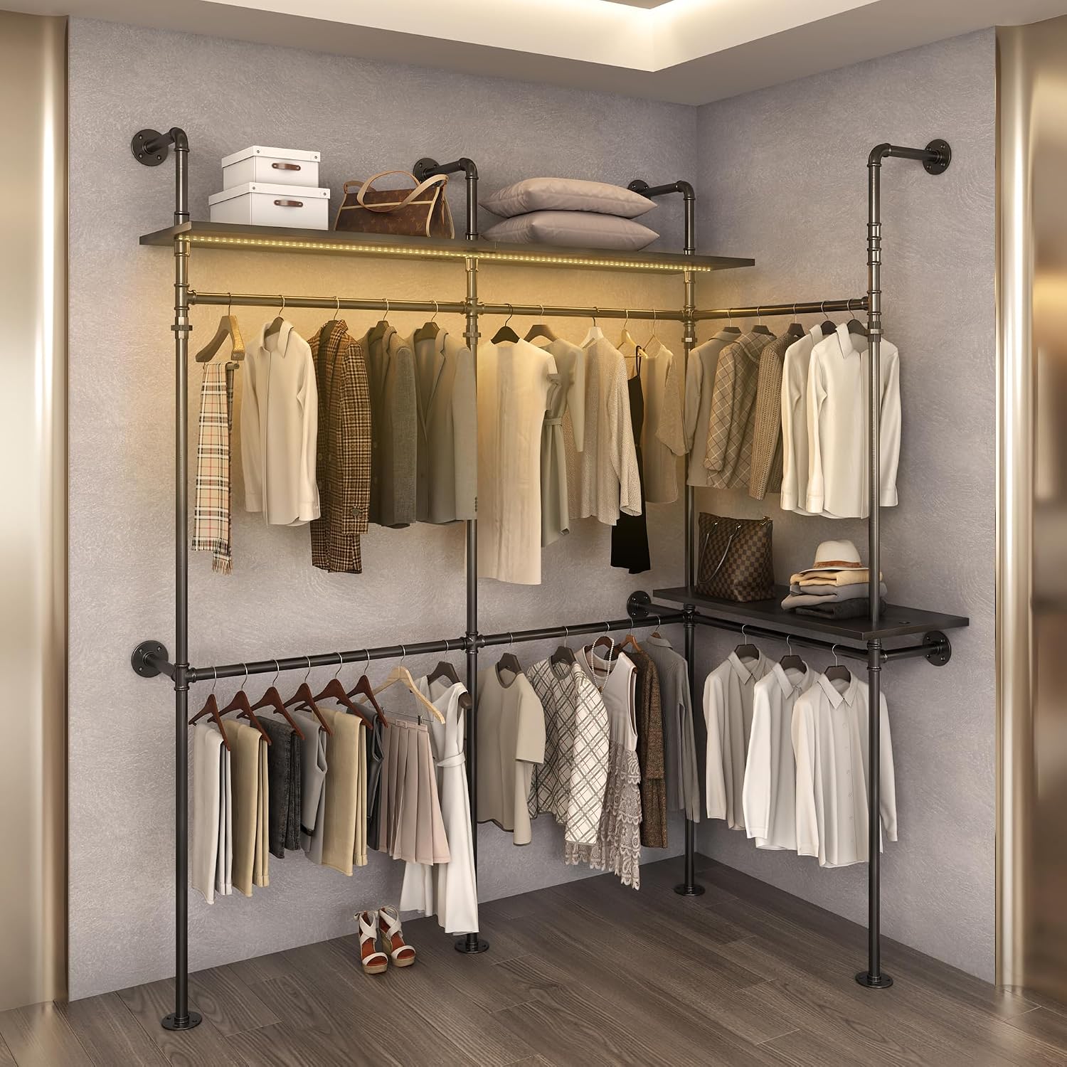 Industrial Pipe Clothing Rack Reversible 118.3'' Clothes Rack for Hanging Clothes Heavy Duty Garment Rack Closet Wardrobe Rack with LED Lights Shelves Walk-in Closet System Black Three