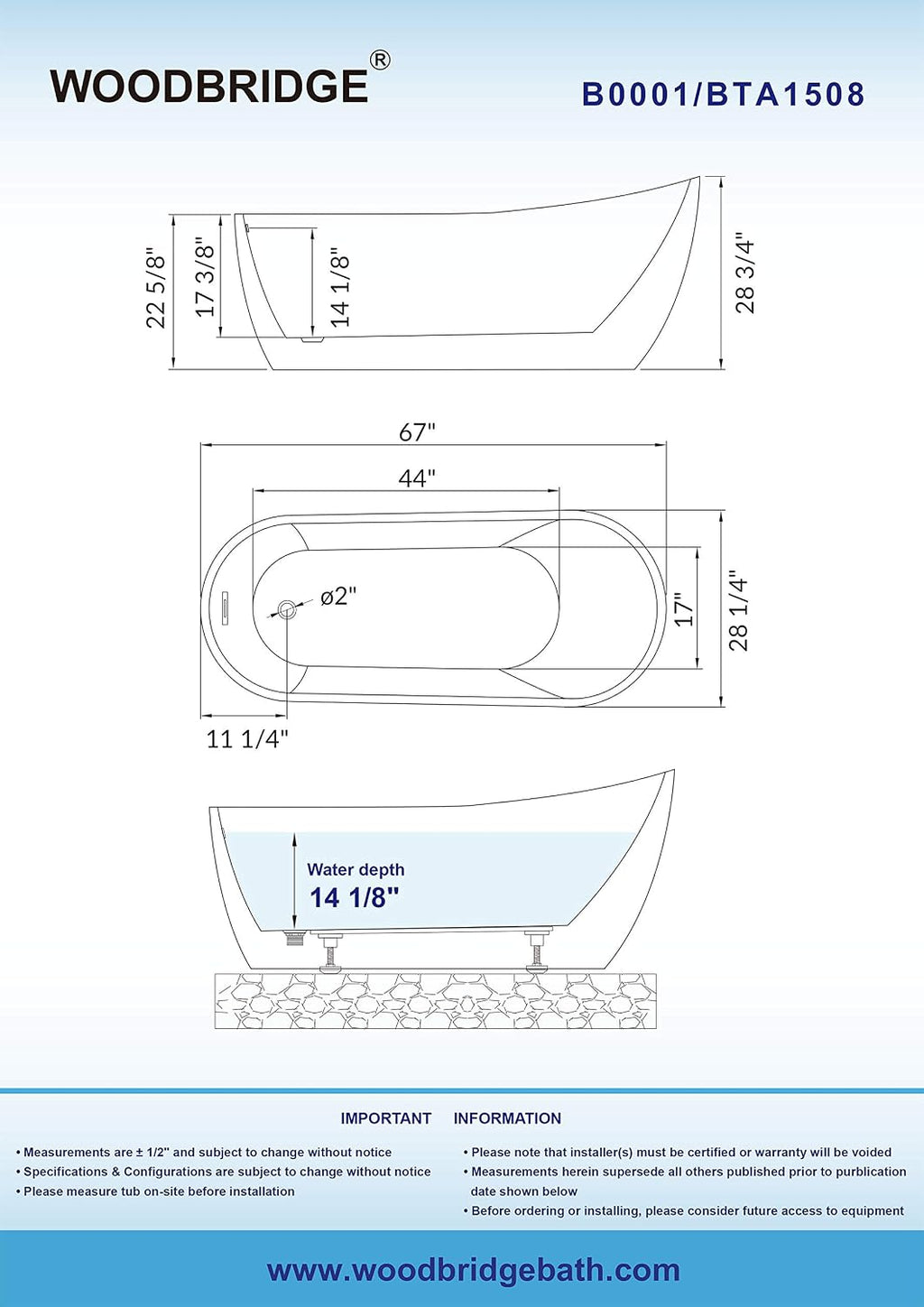 Woodbridge 67' Acrylic Bathtub Soaking Tub Brushed Nickel Freestanding F0001, BTA1508 +F000, B-0001 WITH Faucet II, Model: B-0001 /BTA1508 + F0001
