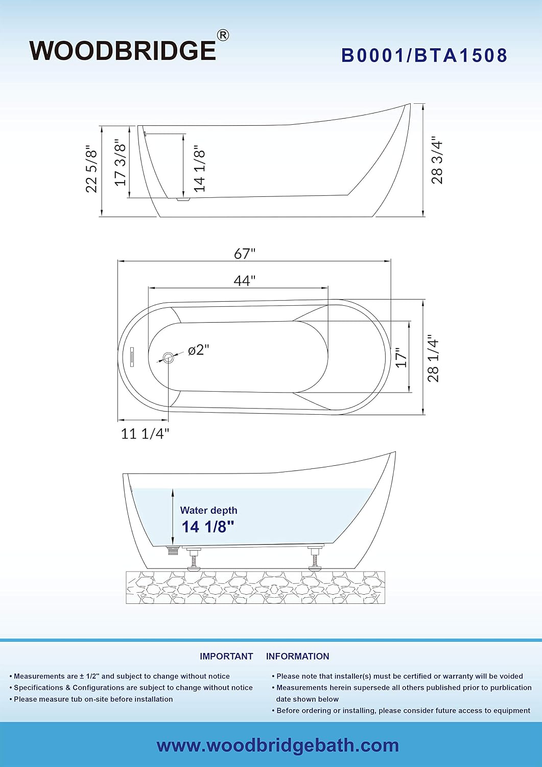 Woodbridge 67' Acrylic Bathtub Soaking Tub Brushed Nickel Freestanding F0001, BTA1508 +F000, B-0001 WITH Faucet II, Model: B-0001 /BTA1508 + F0001