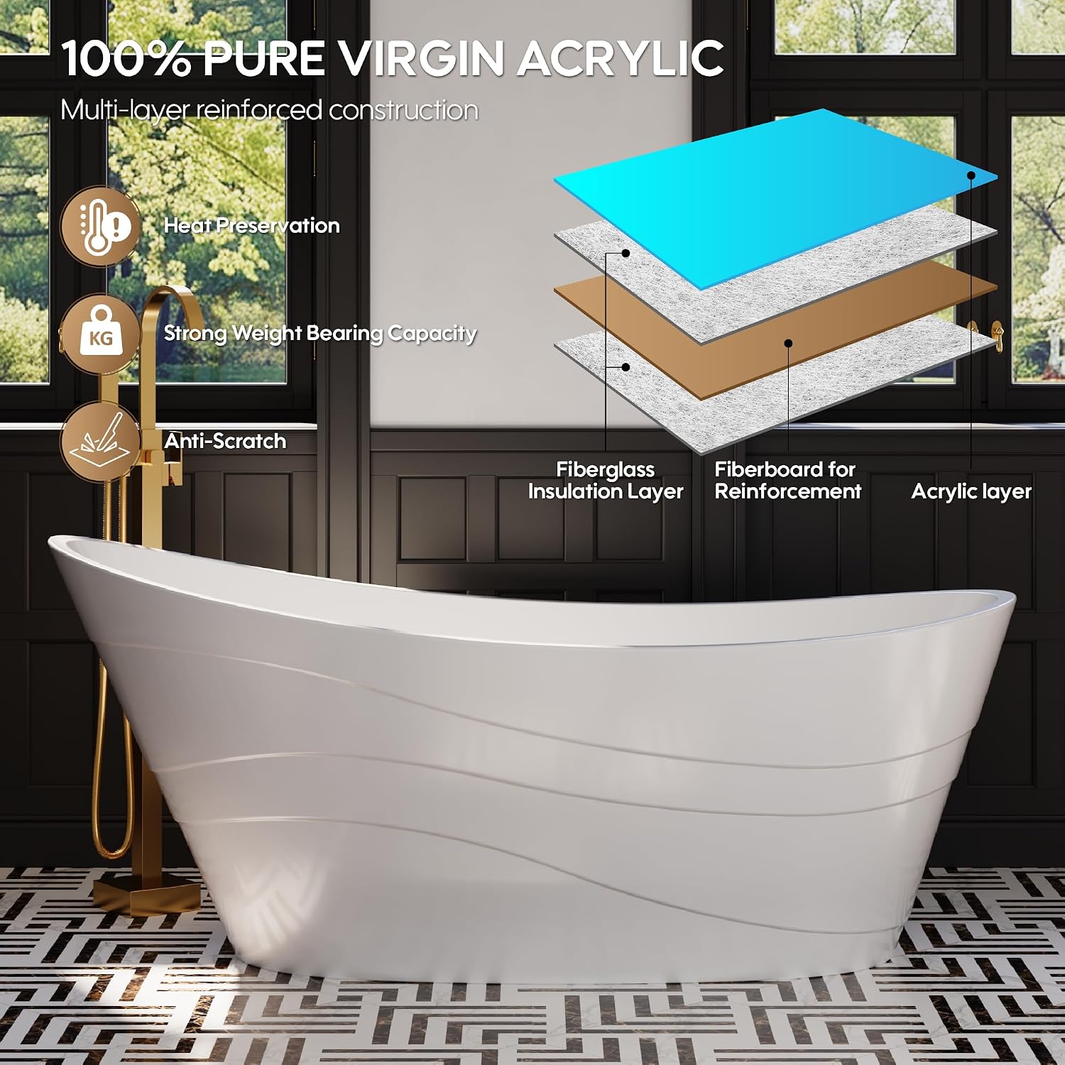 WELLFOR 67' Freestanding Acrylic Bathtub with Drain and Integrated Slotted Overflow, Soaking Bath Tub with Predrilled Overflow Holes, Soaking Bath Tub 58 Gallons Capacity, Glossy White