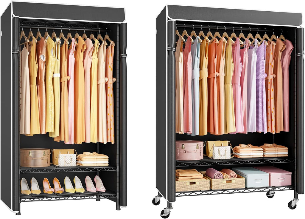ULIFHOME P6C Plus & H5C Clothes Rack with Cover, Covered Clothing Rack Heavy Duty, Portable Closet for Hanging Clothes, Black Closet Rack with Black Cover, P6C Plus with Wheels, H5c without Wheels