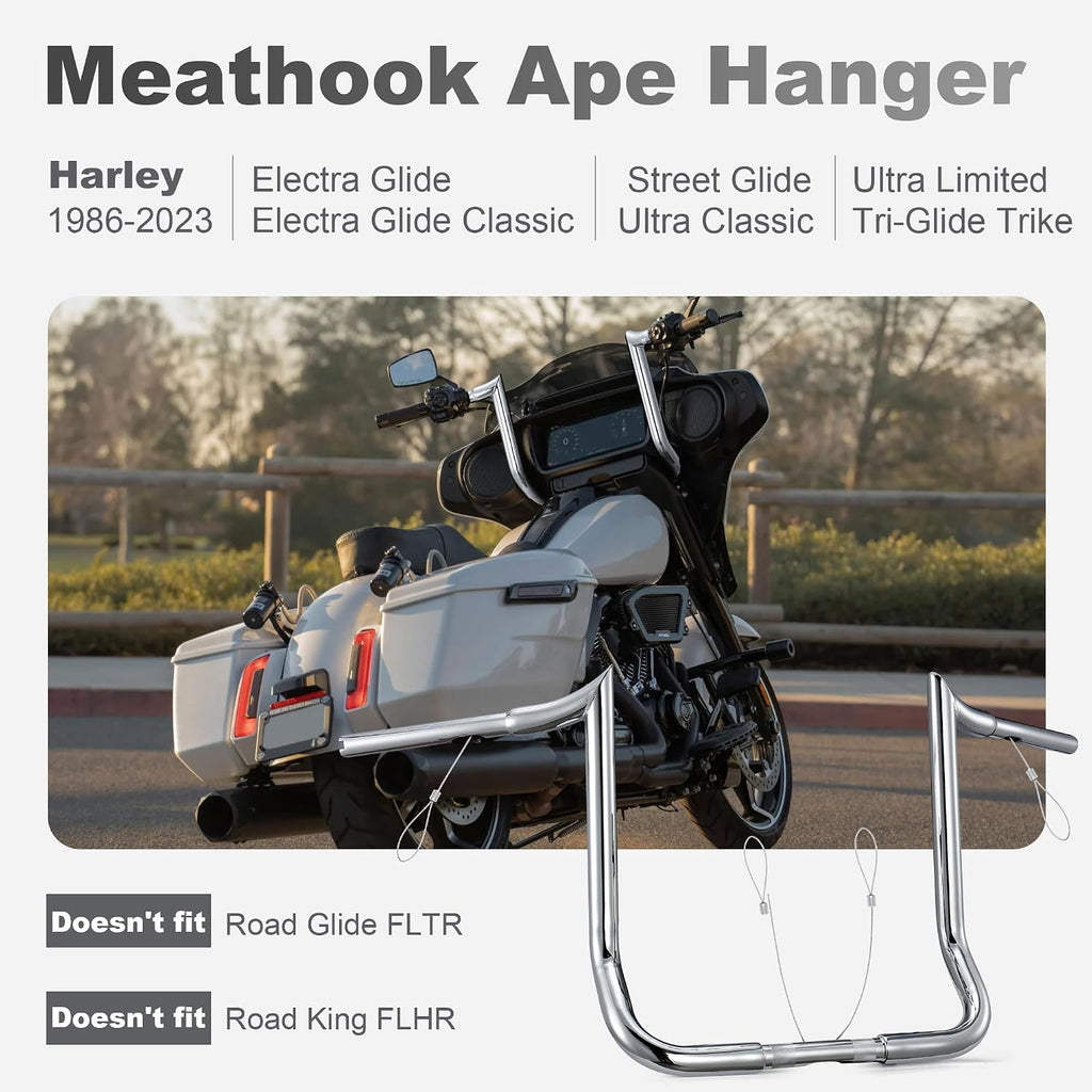 MoKitDora Street Electra Glide Ape Hanger 10' Rise 1-1/4' Fat 1' Clamp Monkey Bagger Meathook Bars for 1986-2023 Harley FLHT & FLHX Ultra Limited Tri-Glide, Chrome