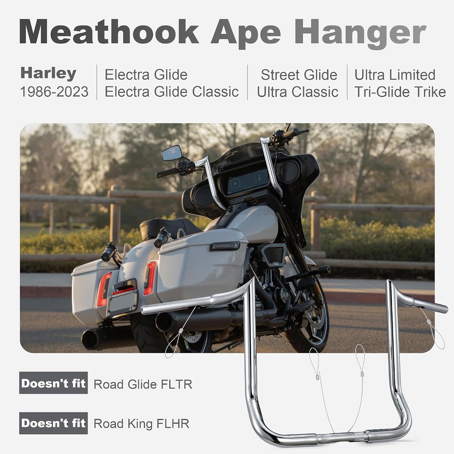 MoKitDora Street Electra Glide Ape Hanger 10' Rise 1-1/4' Fat 1' Clamp Monkey Bagger Meathook Bars for 1986-2023 Harley FLHT & FLHX Ultra Limited Tri-Glide, Chrome