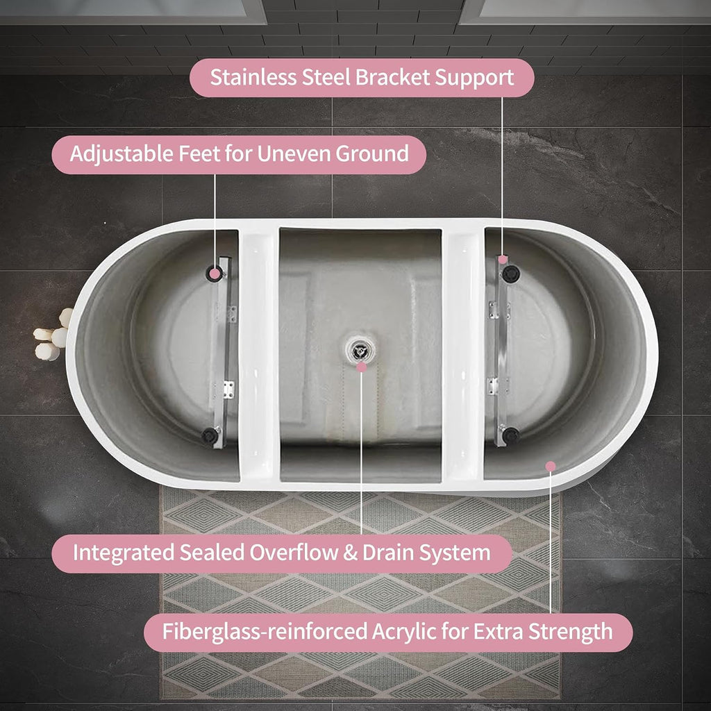 Acrylic Soaking Tub with Pop-up Drain & Integrated Overflow, Freestanding Bathtub with Double-Wall Insulation, Stand Alone Tub, Ergonomic, Easy Install (59')
