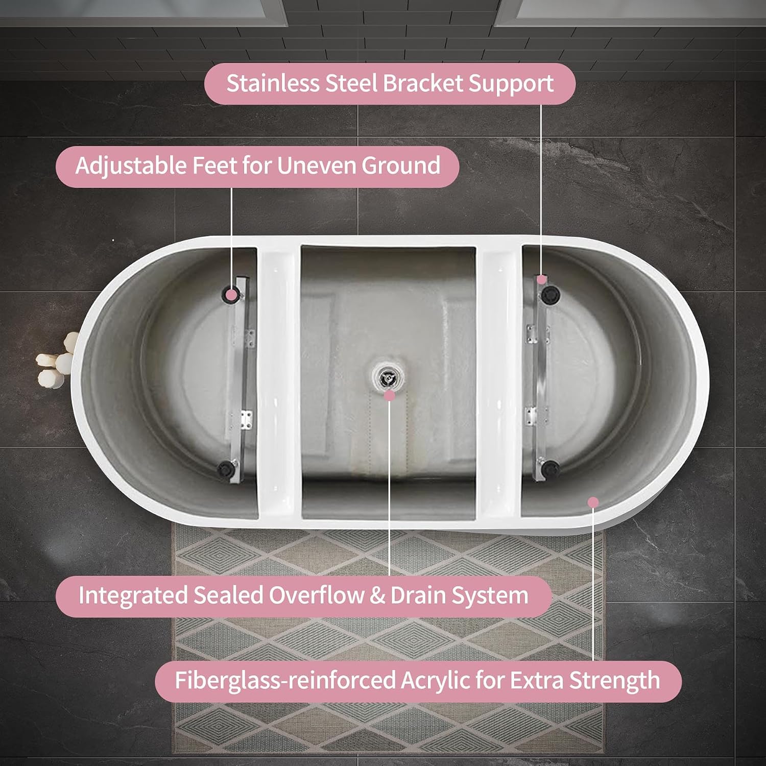 Acrylic Soaking Tub with Pop-up Drain & Integrated Overflow, Freestanding Bathtub with Double-Wall Insulation, Stand Alone Tub, Ergonomic, Easy Install (59')