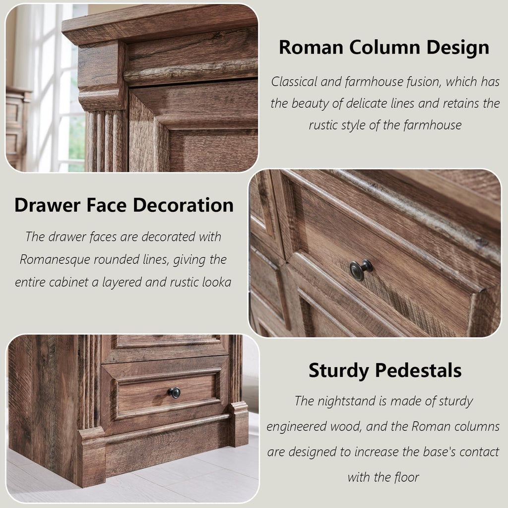 Aitjunz 26' Tall Nightstand with Charging Station, Farmhouse 23.6' Wide Large End Table w/Roman Column, Wood Rustic Side Table w/Open Shelf, 2 Drawers Dresser for Bedroom, Living Room, Light Brown