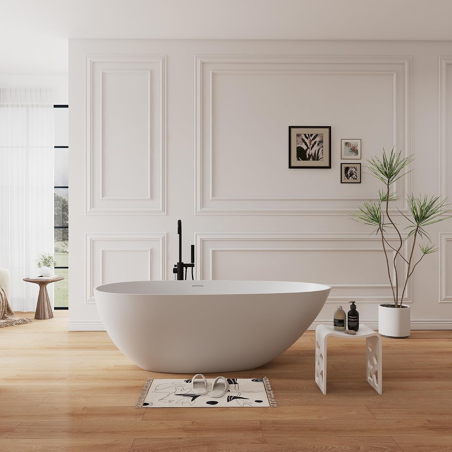 67' Upgraded Solid Surface Freestanding Bathtub,Oval Shape Stone Resin Soaking Tubs with Pop-up Drain and Overflow, Matte White