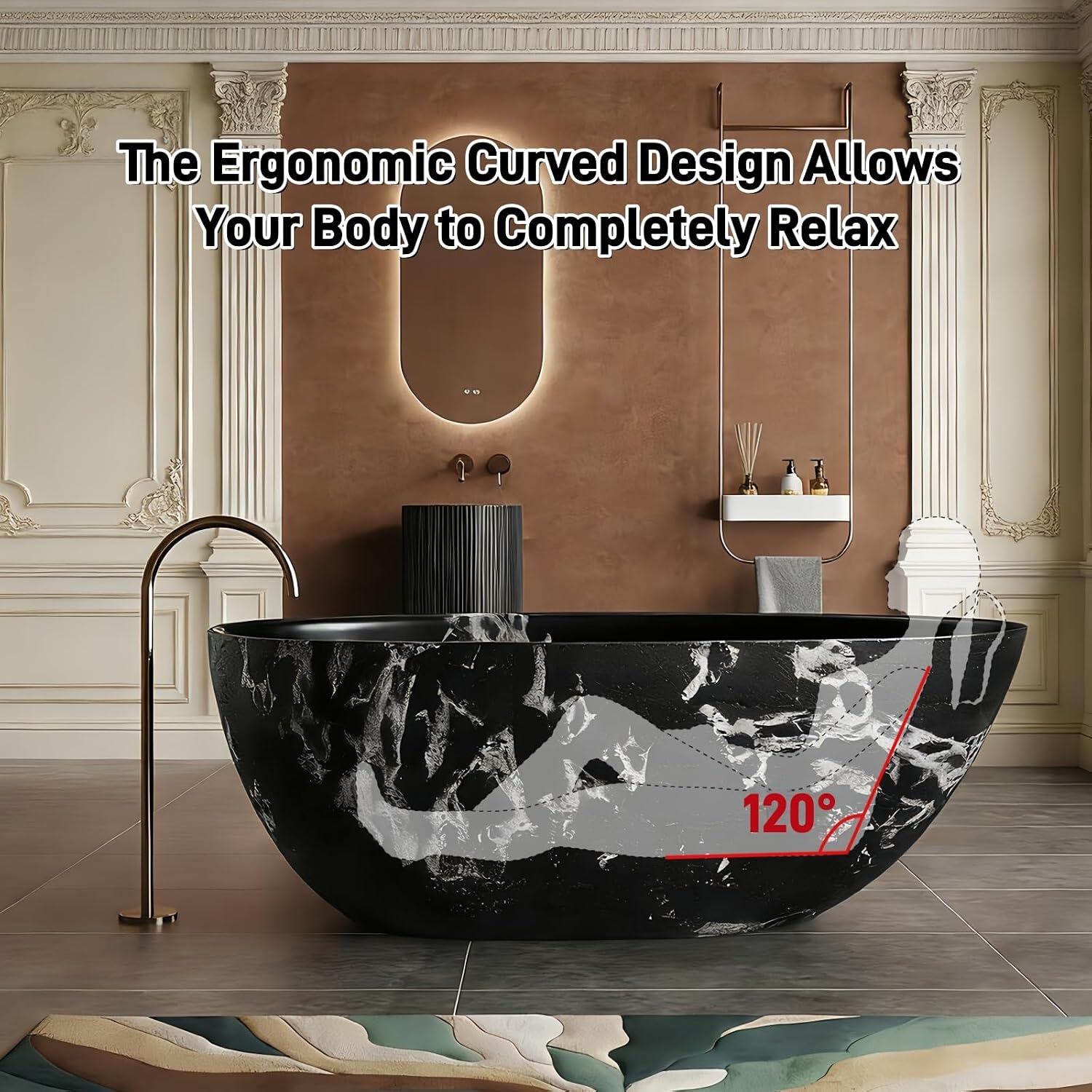 59' Edeyeu Freestanding Bathtub - Solid Surface Soaking Tub With Natural Rock Texture Design, Extra Deep Stand Alone Tub, Ergonomic Free Standing Spa Bath For Luxury Hotel Or Villa, Black