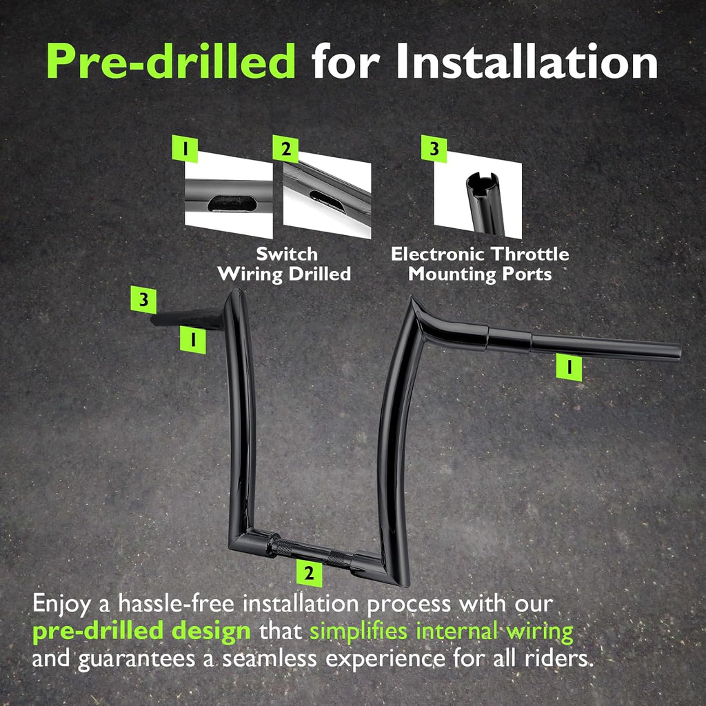 Mofun 14' Rise Pre-wired Handlebars Horn Style Ape Hangers 1.5' Fat 1' Clamp Compatible with Harley Softail 2011-2024 Sportster 2011-2022 Dyna 2012-2017 Touring Road King 2015-Later, Gloss Black