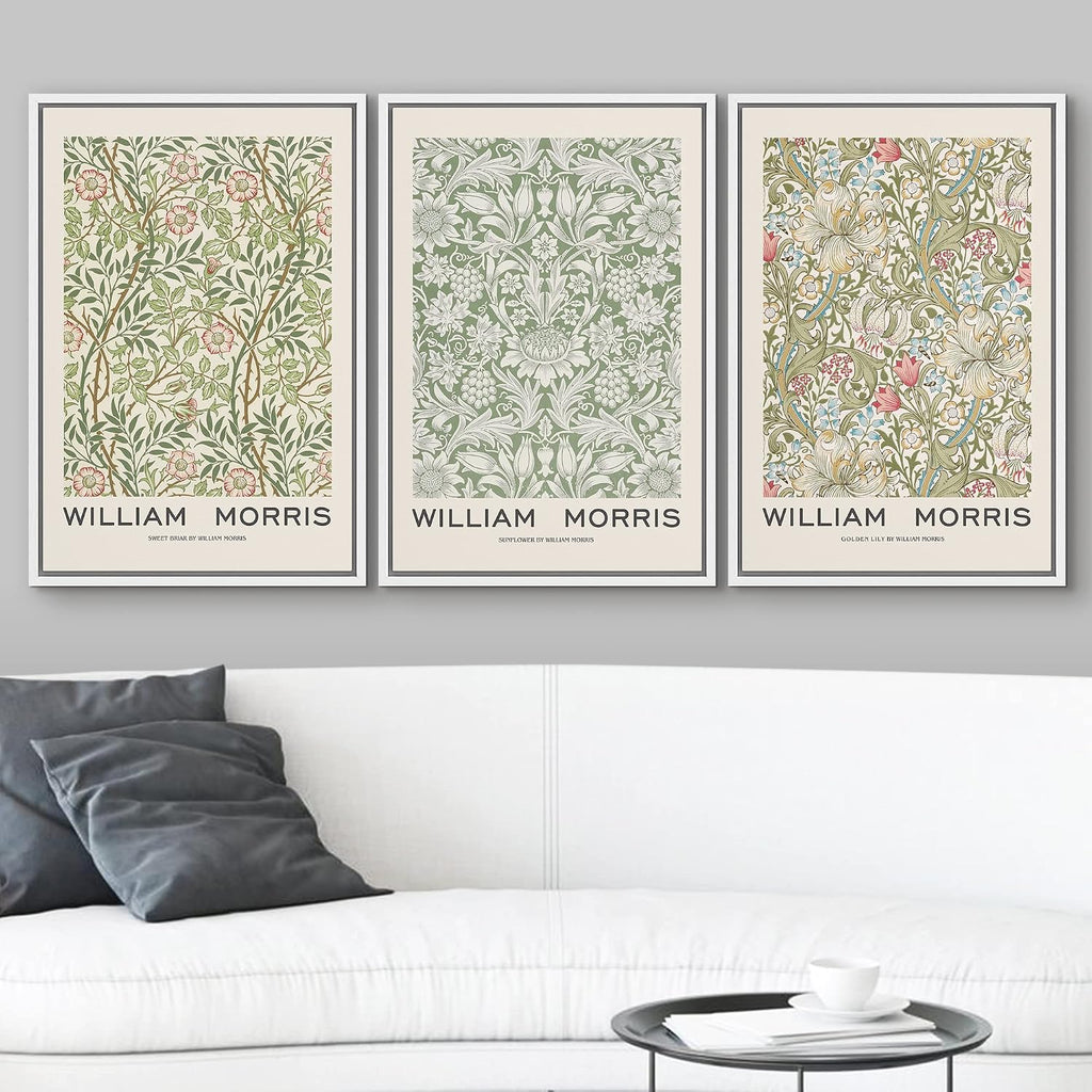 wall26 Framed Canvas Print Wall Art Set William Morris Flower Pattern Tapestries Nature Floral Illustrations Fine Art Decorative Botanical Rustic for Living Room, Bedroom, Office - 16'x24'x3 White