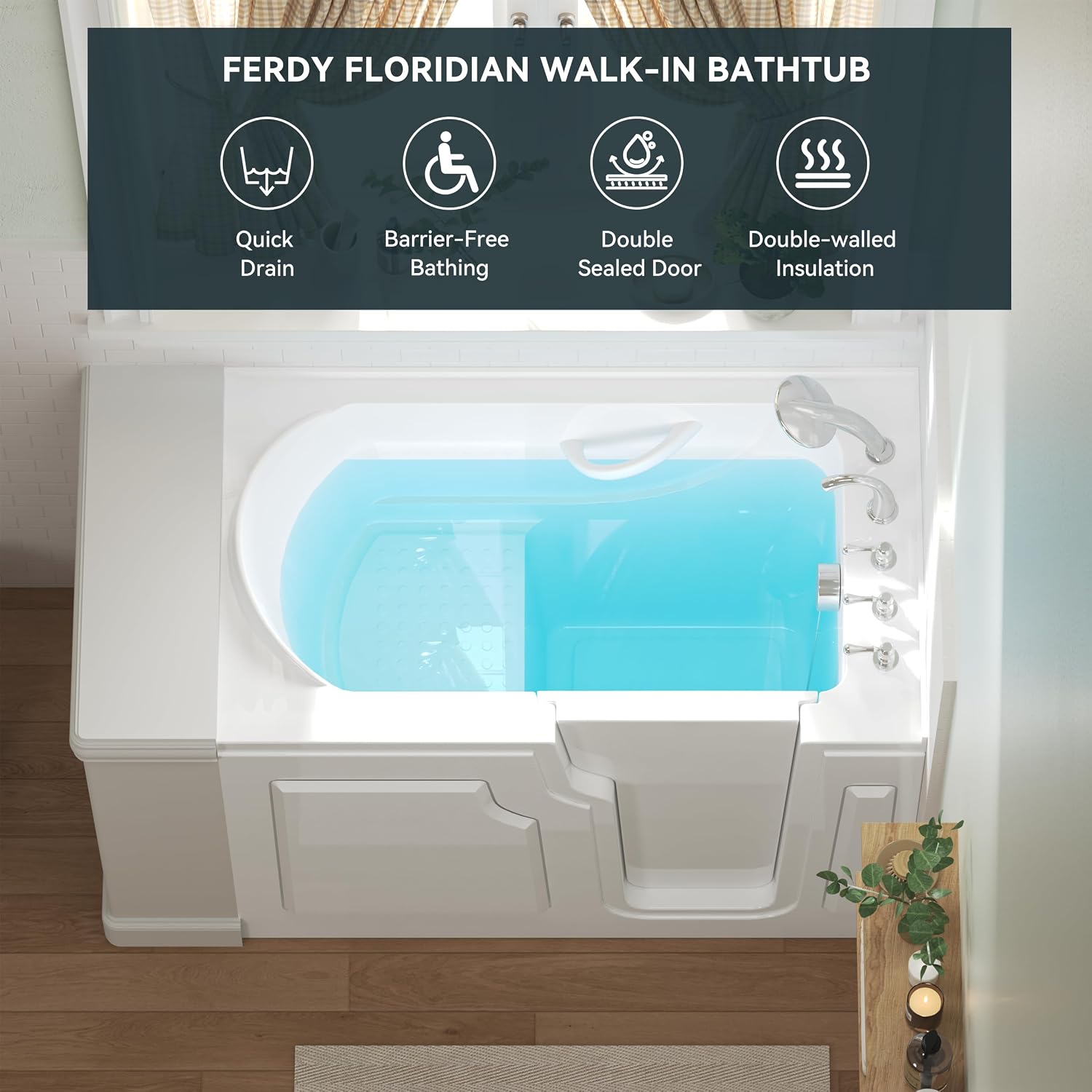 FerdY Floridian 52' x 30' Walk-in Bathtub with Right-Side Door Opening and Quick Fill and Drain System& Bath Pillow for Bathtub,Thick Tub Pillows, Ergonomic Head Neck and Back Support