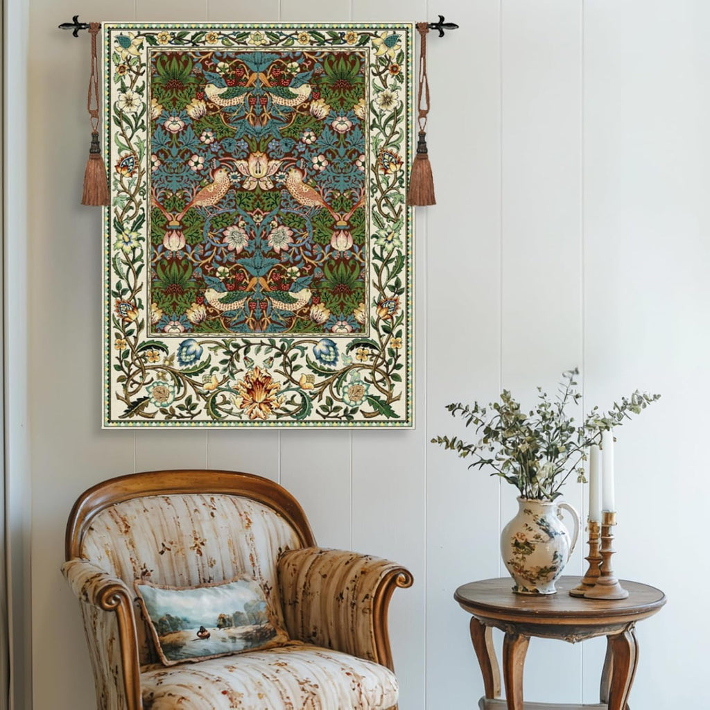 ORIMONY William Morris Strawberry Thief Tapestry - Vintage Floral Bird Art, Medieval Jacquard Woven Tapestry Wall Hanging for Living Room & Bedroom Size 27'x35' (Brown)