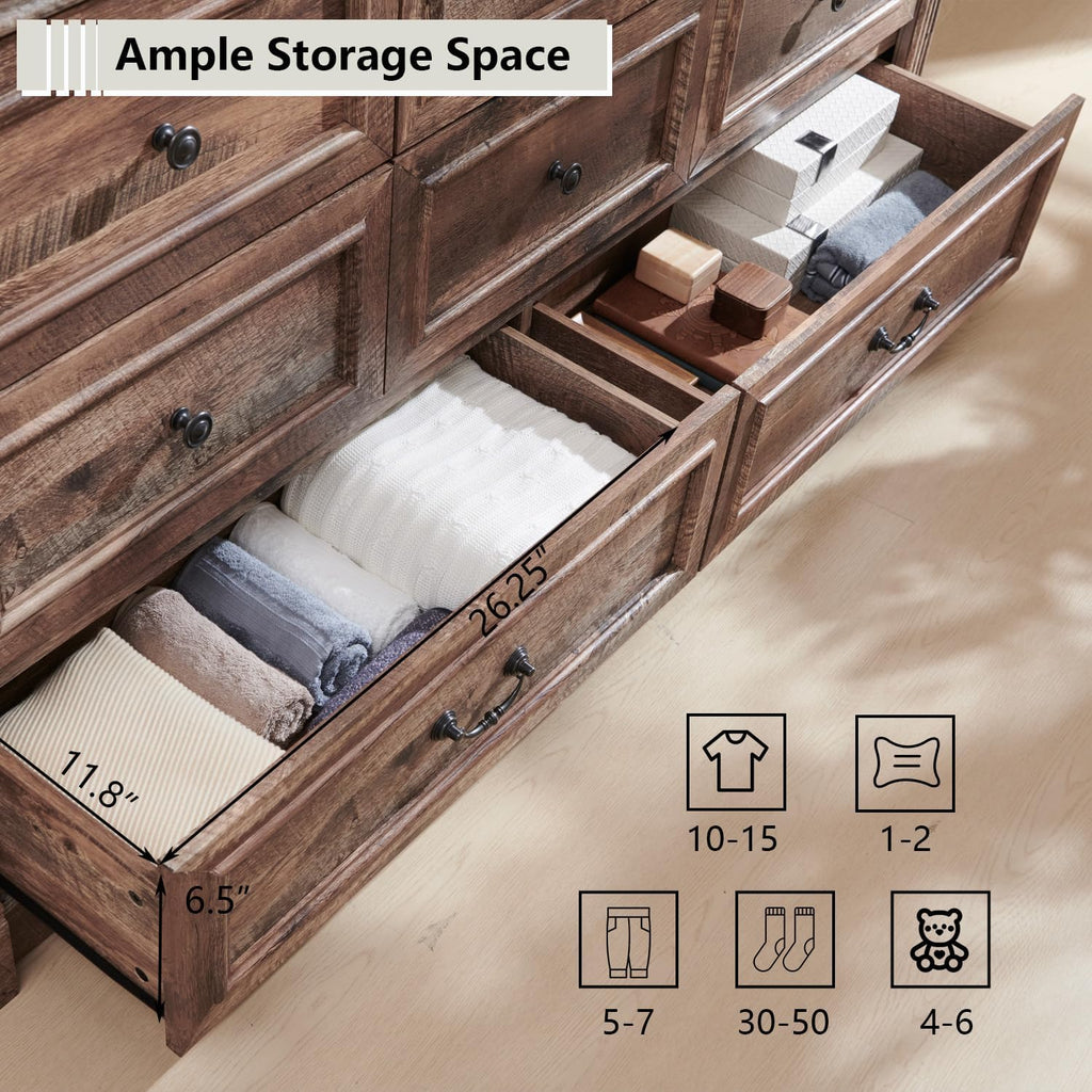 Aitjunz 8 Drawers Dresser for Bedroom, Farmhouse 61' Wide Dressers & Chests of Drawers w/Roman Column, Large Storage Dressers Organizer w/Two Different Drawer Sizes for Bedroom,Living Room,Light Brown