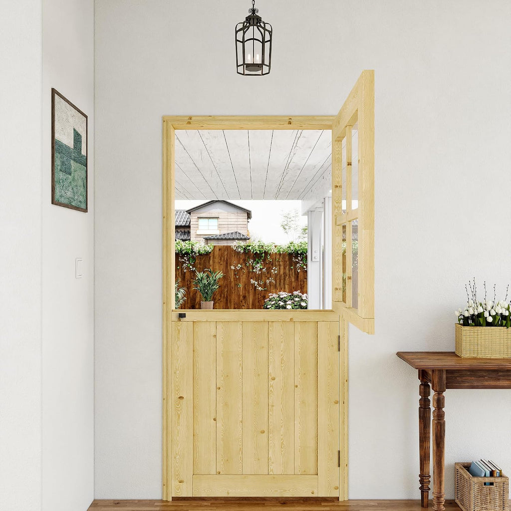 Exterior Prehung Dutch Door, 30' x 80', Universal 4 Lite Tempered Clear Glass Split Single Doors, Solid Core Home Entry Door, Natural Pine Wood - with 4 Hinges & 1 Latch & Jamb, Jamb Assembly Needed
