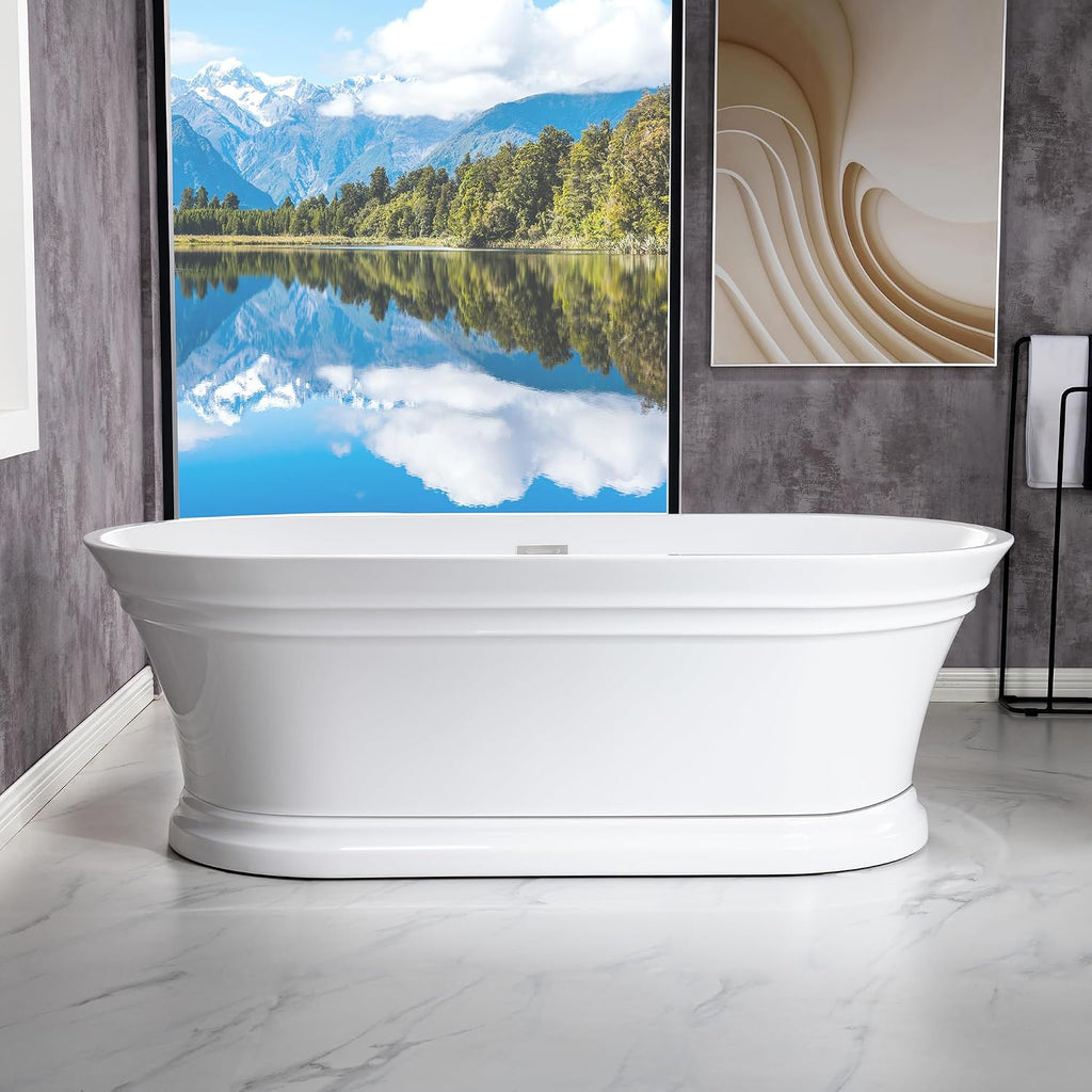 WOODBRIDGE 67'Freestanding White Acylic Soaking Bathtub with Chrome Drain and Overflow,BTA1537-C