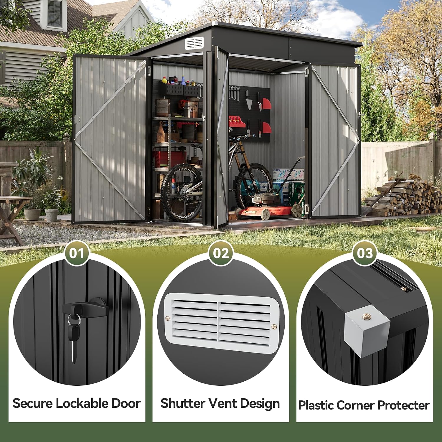 7.5'x4' Large Outdoor Shed with 3-Lockable Door & Sloping Roof, Heavy-Duty Galvanized Metal Garden Storage for Bikes, Tools, Snow Blowers (Black)