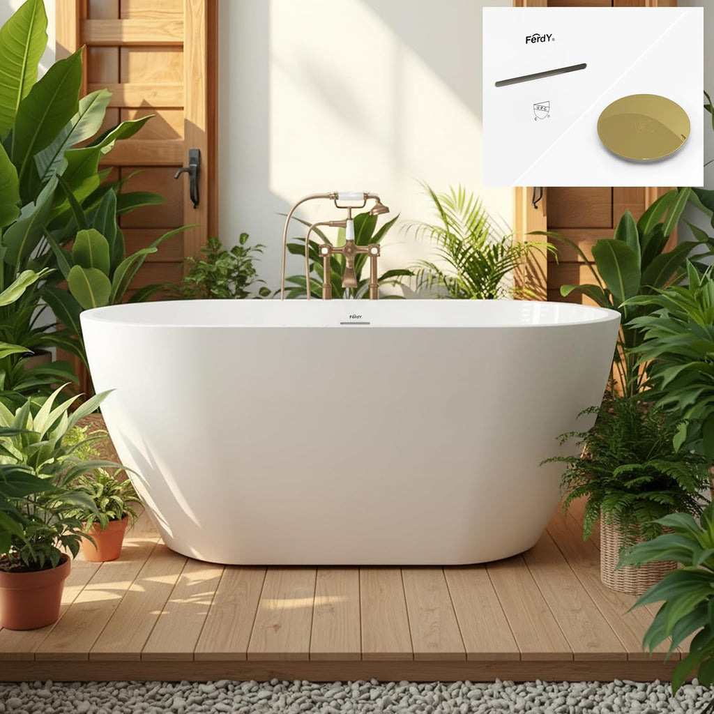 FerdY 55' Acrylic Freestanding Bathtub, Contemporary Soaking tub with Polished Gold Drain & Overflow, Elegant Oval Shape, cUPC Certified, Bali