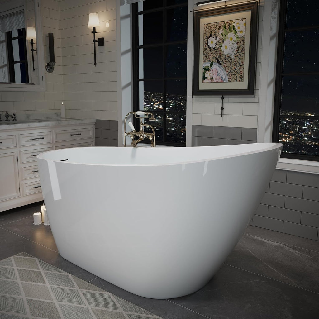 ABRUZZO 55' Acrylic Freestanding Bathtub - Deep Soaking Tub with Pop-Up Drain & Overflow, Glossy White Standalone Bathtub for Modern Bathroom, Fiberglass Reinforced Construction