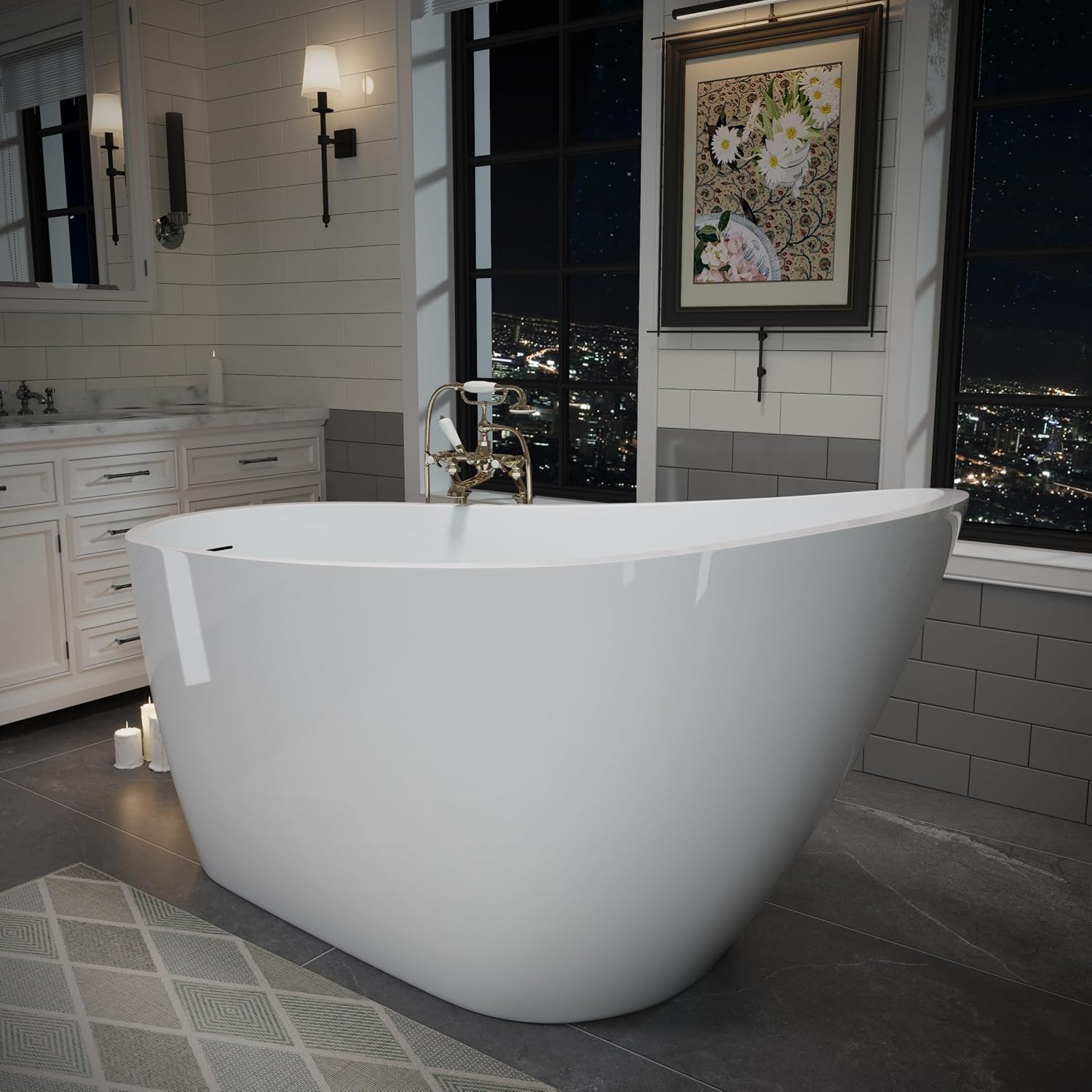 ABRUZZO 55' Acrylic Freestanding Bathtub - Deep Soaking Tub with Pop-Up Drain & Overflow, Glossy White Standalone Bathtub for Modern Bathroom, Fiberglass Reinforced Construction