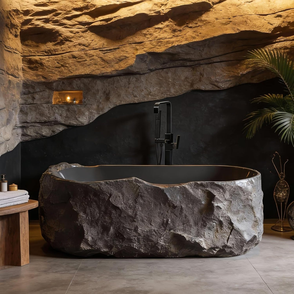 67' Edeyeu Freestanding Bathtub - Solid Surface Soaking Tub, Designer Free Standing Tub with Unique Stone Texture, Deep Soaker Bathtub for Luxury Spa & Home, Black