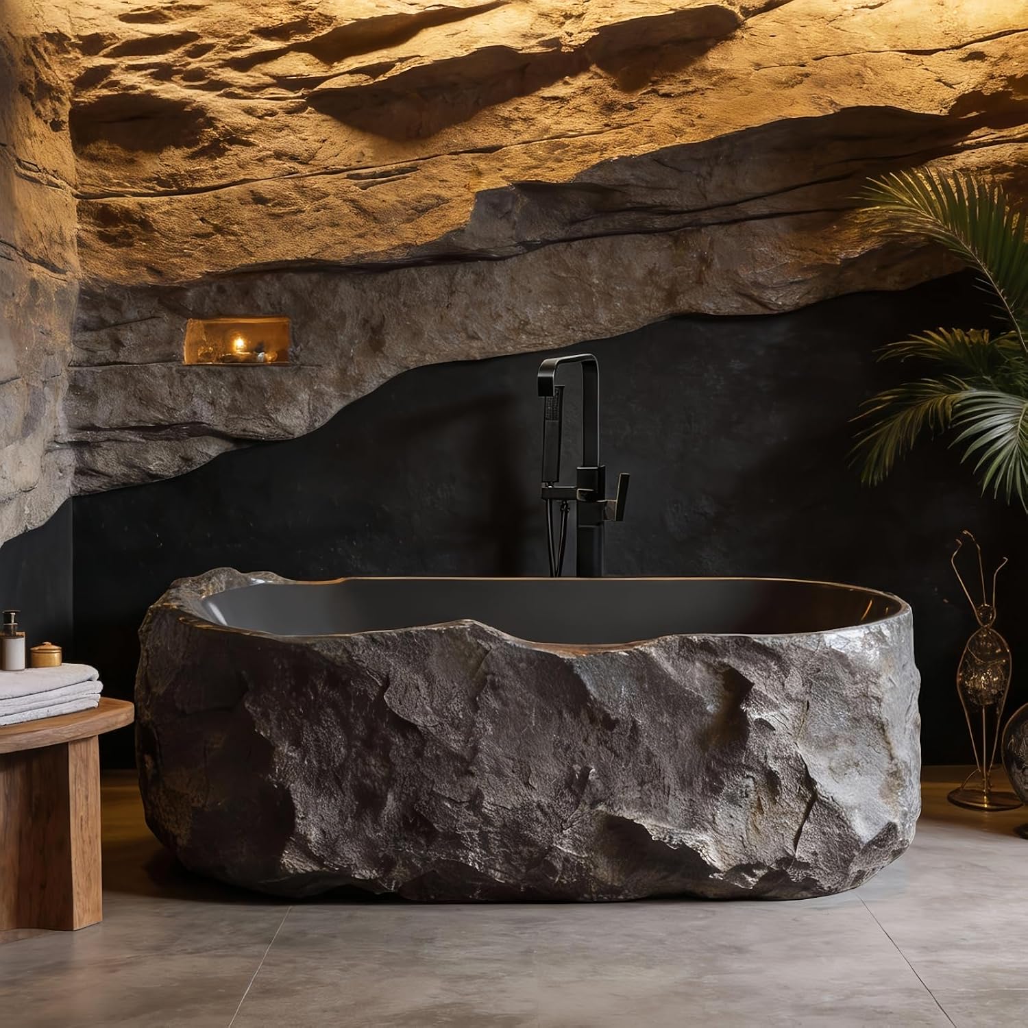 67' Edeyeu Freestanding Bathtub - Solid Surface Soaking Tub, Designer Free Standing Tub with Unique Stone Texture, Deep Soaker Bathtub for Luxury Spa & Home, Black