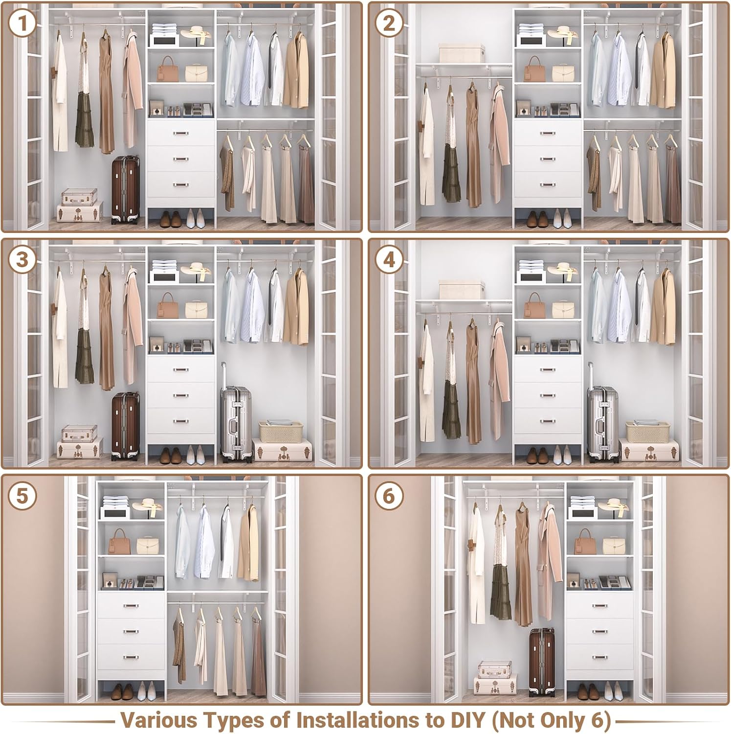 Closet System with 3 Drawers - 8FT Wood Closet Organizer with 3 Shelving Tower & Hanging Rods, 96' Walk-in Wardrobe Closet Organizer System for 4-8FT Spaces, Heavy Duty Garment Clothes Rack, White
