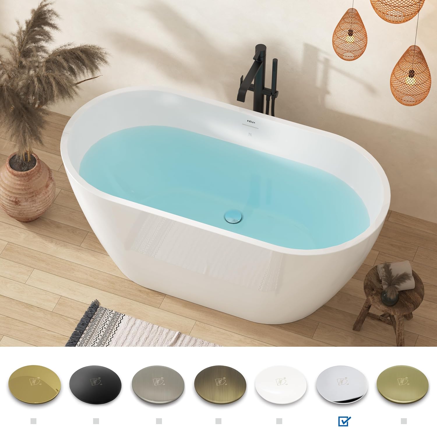 FerdY 55' Acrylic Freestanding Bathtub, Contemporary Soaking tub with Chrome Drain & Overflow, cUPC Certified, Elegant Oval Shape, Bali