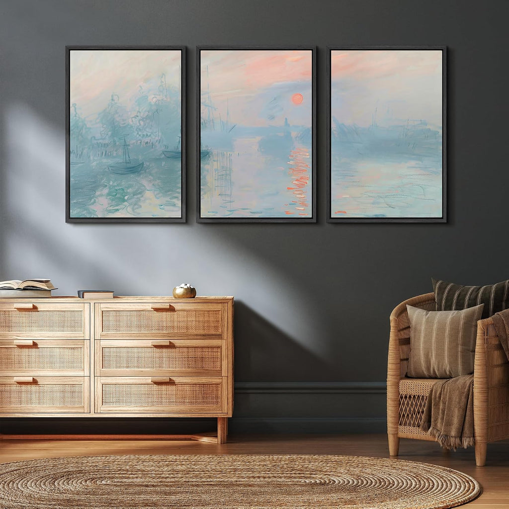 wall26 Framed Canvas Print Wall Art Set Impression, Sunrise Claude Monet Inspired Seascape Illustrations Modern Art Decorative Floral Botanical Minimal for Bedroom - 24'x36'x3 Black