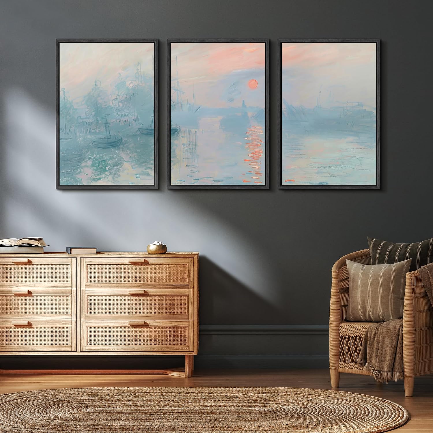 wall26 Framed Canvas Print Wall Art Set Impression, Sunrise Claude Monet Inspired Seascape Illustrations Modern Art Decorative Floral Botanical Minimal for Bedroom - 24'x36'x3 Black