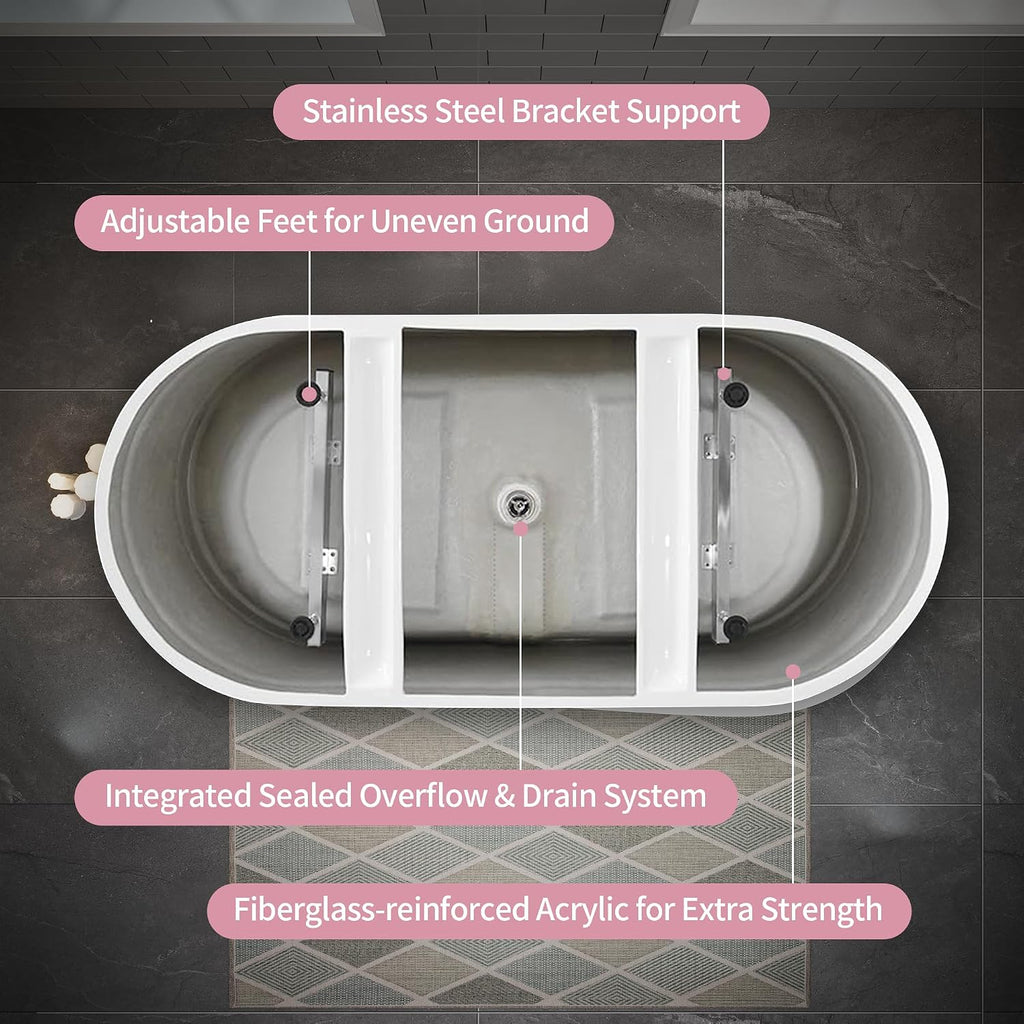 ABRUZZO 59'x27.56' Acrylic Freestanding Bathtub Contemporary Soaking Tub with Chrome Overflow and Drain High-Gloss White Finish cUPC Certified