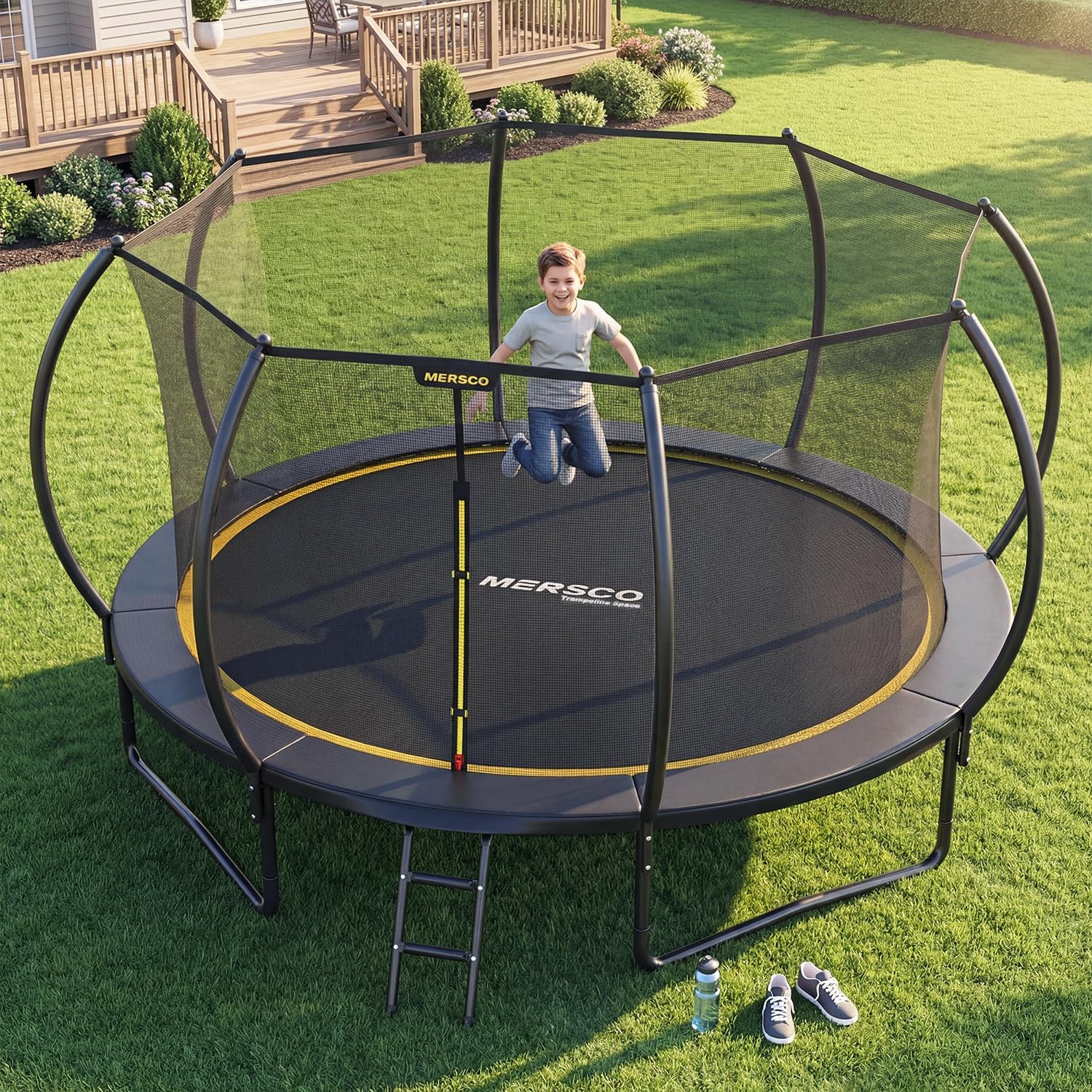 Mersco Trampoline Outdoor 10FT 12FT 14FT with Enclosure and Ladder, ASTM Approved Recreational Trampoline for Kids and Adults, Anti-Rust Coated Frame, Enhanced Weight Capacity