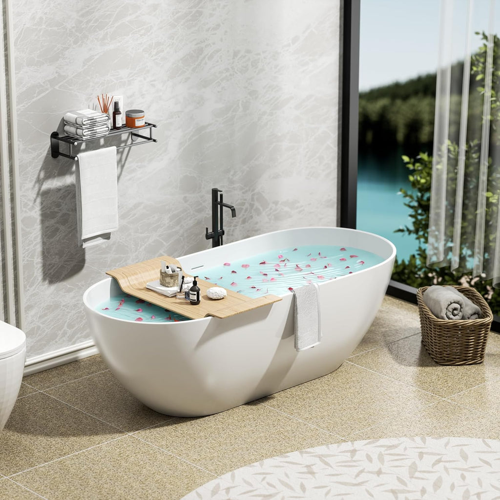 59' Stone Resin Freestanding Bathtub, Oval Solid Surface Bathroom Freestanding Tubs, Stand Alone Soaking Tubs with Integrated Slotted Overflow and Drain, Matte White