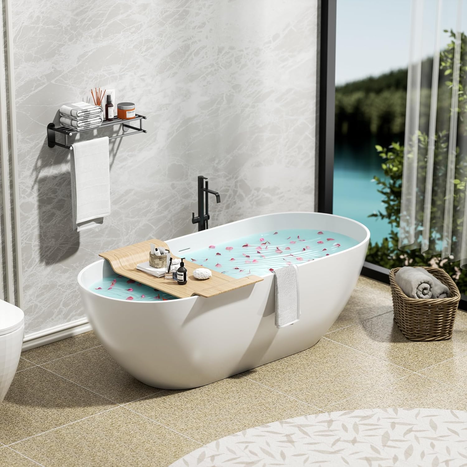 69' Resin Stone Freestanding Bathtub, Oval Solid Surface Bathroom Freestanding Tubs, Stand Alone Soaking Tubs with Integrated Slotted Overflow and Drain, Matte White