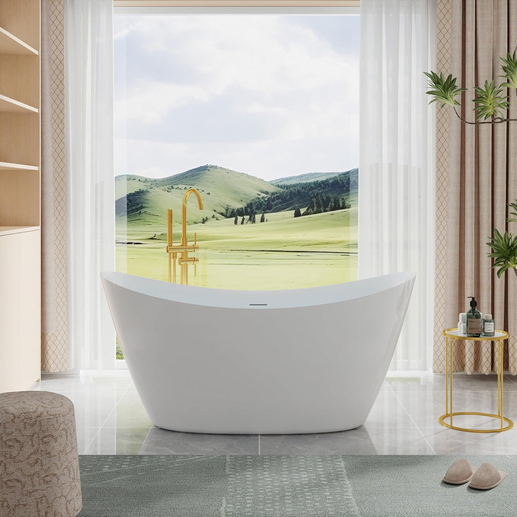 WELLFOR 60' Freestanding Acrylic Bathtub with Drain and Integrated Slotted Overflow, Soaking Bath Tub with Predrilled Overflow Holes, Soaking Bath Tub 56 Gallons Capacity, Glossy White