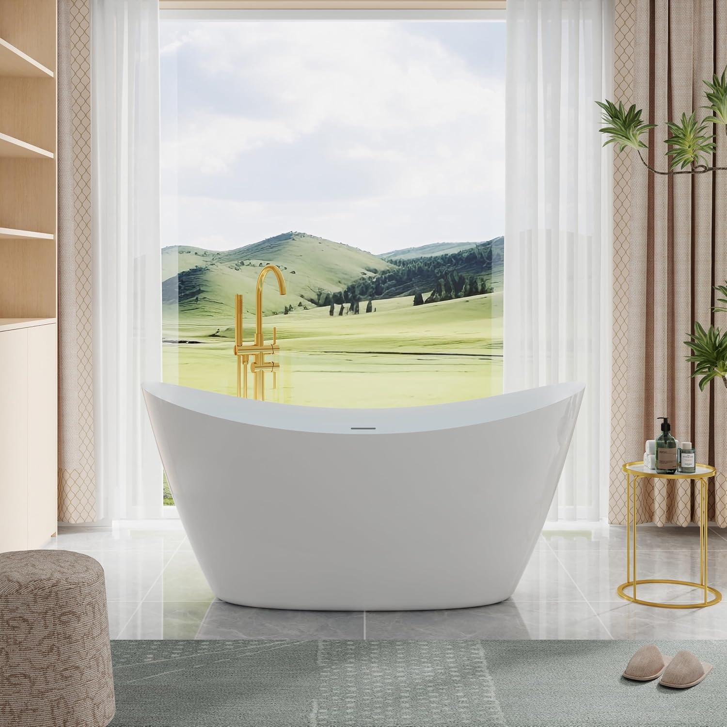 WELLFOR 60' Freestanding Acrylic Bathtub with Drain and Integrated Slotted Overflow, Soaking Bath Tub with Predrilled Overflow Holes, Soaking Bath Tub 56 Gallons Capacity, Glossy White