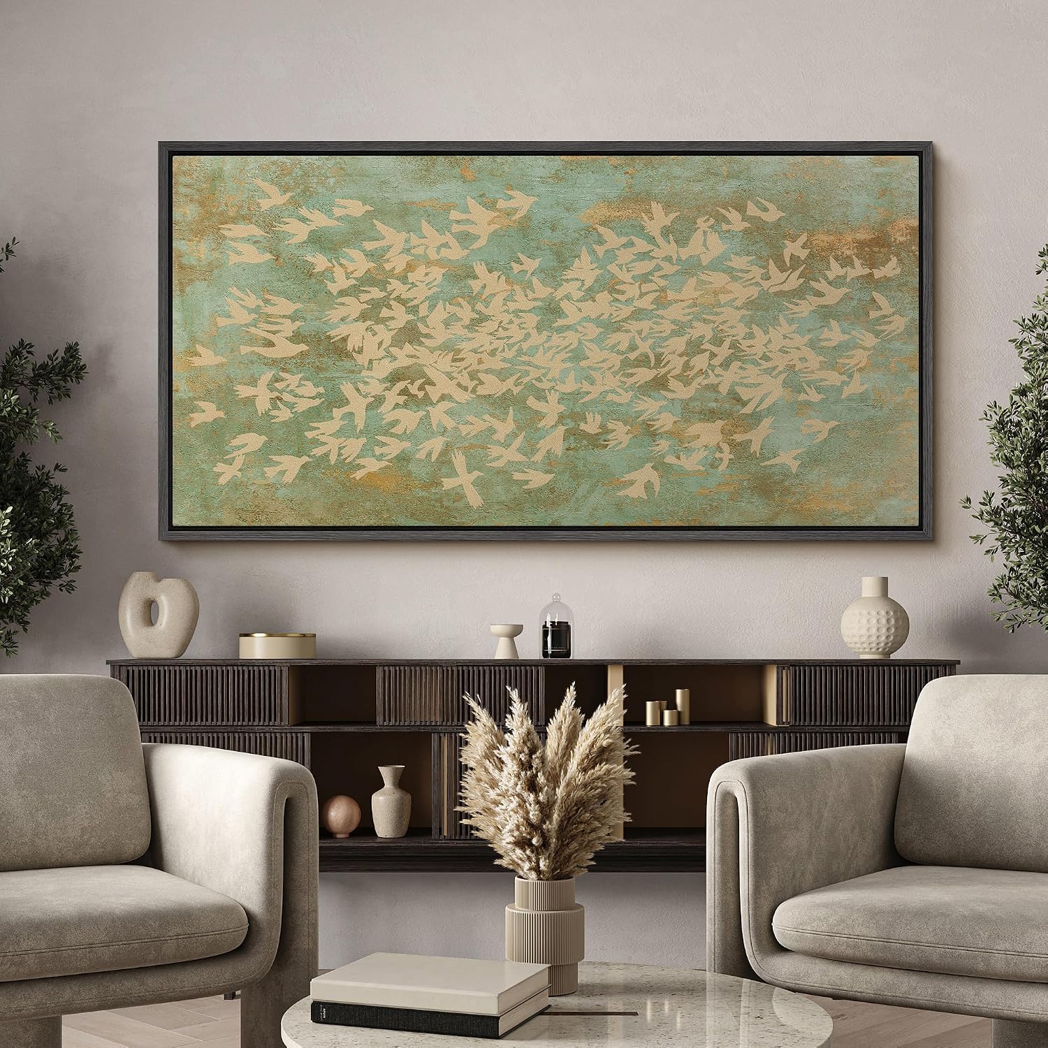MUDECOR Extra Large Framed Canvas Print Wall Art Vintage Botanical Floral Tapestry Ornamental Garden Antique Retro Ready to Hang Painting for Living Room Bedroom Multi-Sizes - 60'x30'