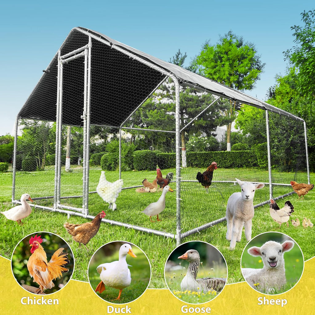 Large Metal Chicken Coop, Chicken Runs for Yard with Cover Walk-in Poultry Cage for 10 20 Chickens, Chicken Pen Duck Coop with Water-Resident Top and Feeding Door, Spire Hen House 12.8Lx9.84Wx6.6H FT