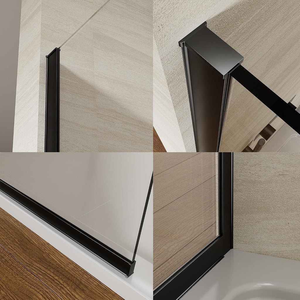 Shower Screen 36' x 76' Half Frameless Shower Wall Panel, Tempered Glass 3/8 inch, Easy to clean Coating, Fixed Glass Shower Door with Hardware (Matte Black with Towel Bar, 36' W X 76' H)