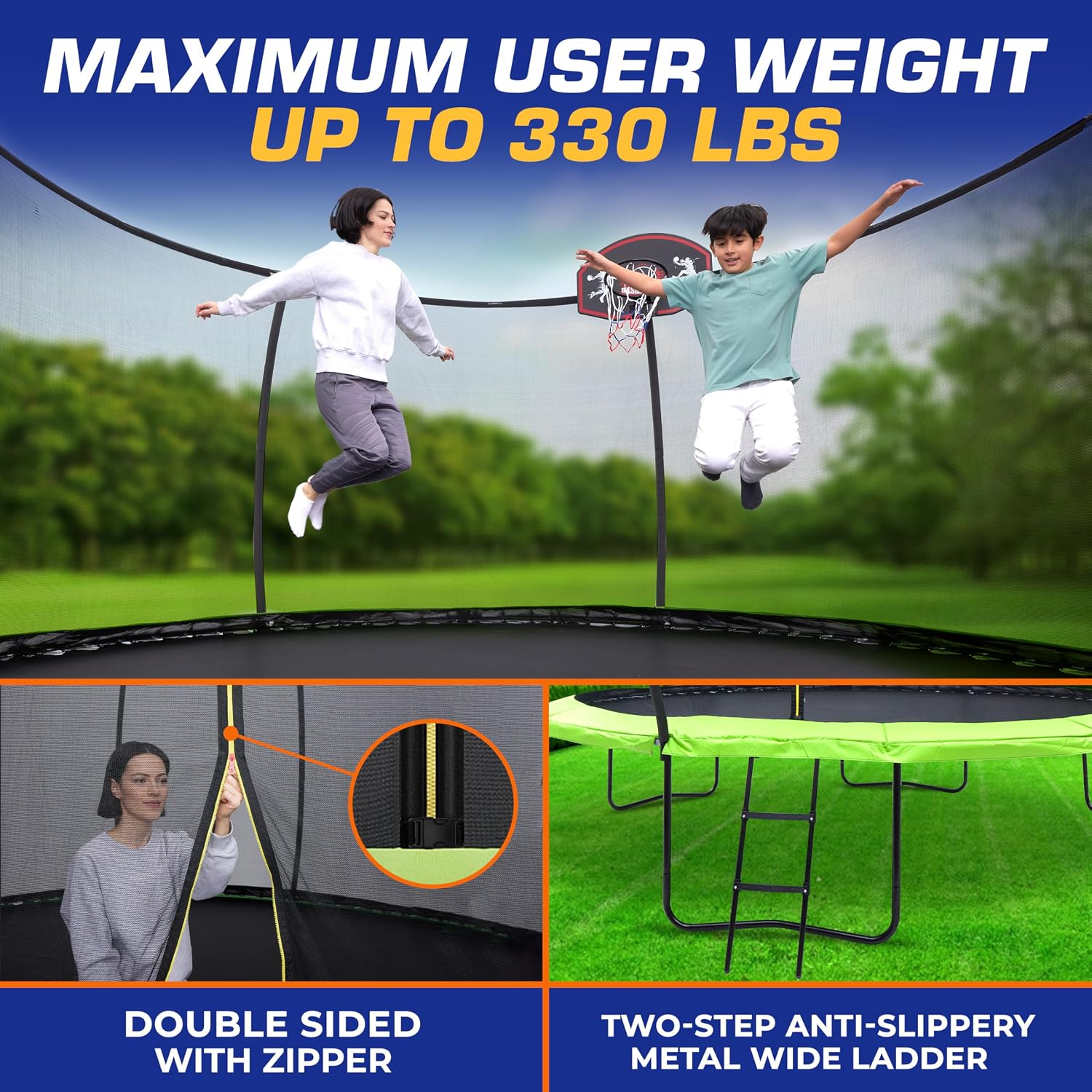 Pumpkin Trampoline with Basketball Hoop & Inner Enclosure - Safe, Durable,Family Fun - Heavy Duty Galvanized Springs - Waterproof Padding - Stable Base - Outdoor Backyard Style
