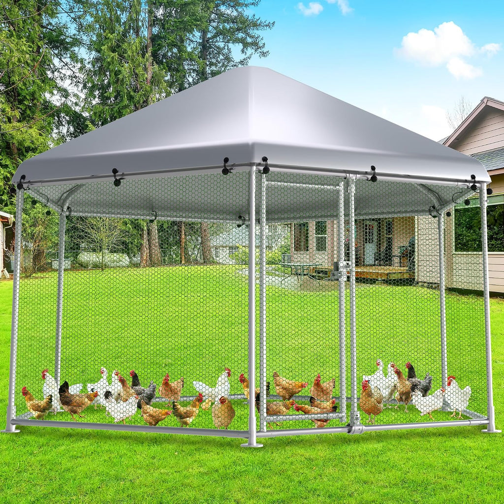 Large Metal Chicken Coop, Chicken Runs for Yard with Cover Walk-in Poultry Cage for 10 20 Chickens,Chicken Pen Duck Coop with Water-Resident Top and Feeding Door, Hexagon Hen House 13.2Lx11.4Wx8.6H FT