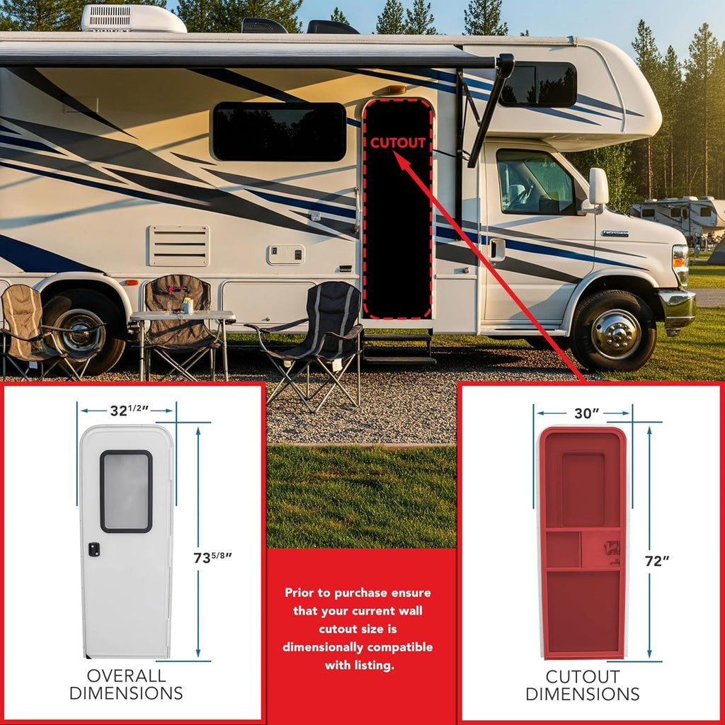 RV Entry Door 30' x 72' Face Mount Foam Core Passenger Side Door with Radius Corners on Top and Square Bottom with Screen Door (30 (W) X 72 (H) Pass Side, White)