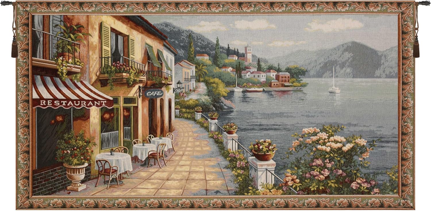 Charlotte Home Furnishings Inc Tapestry Wall Hanging, 27 x 57 Inch Cafe By Lake Como Wall Art, Jacquard Woven Boho Tapestry, Cotton Wall Tapestry for Bedroom, Living Room & Home Decor, European Soft Cotton Fabric
