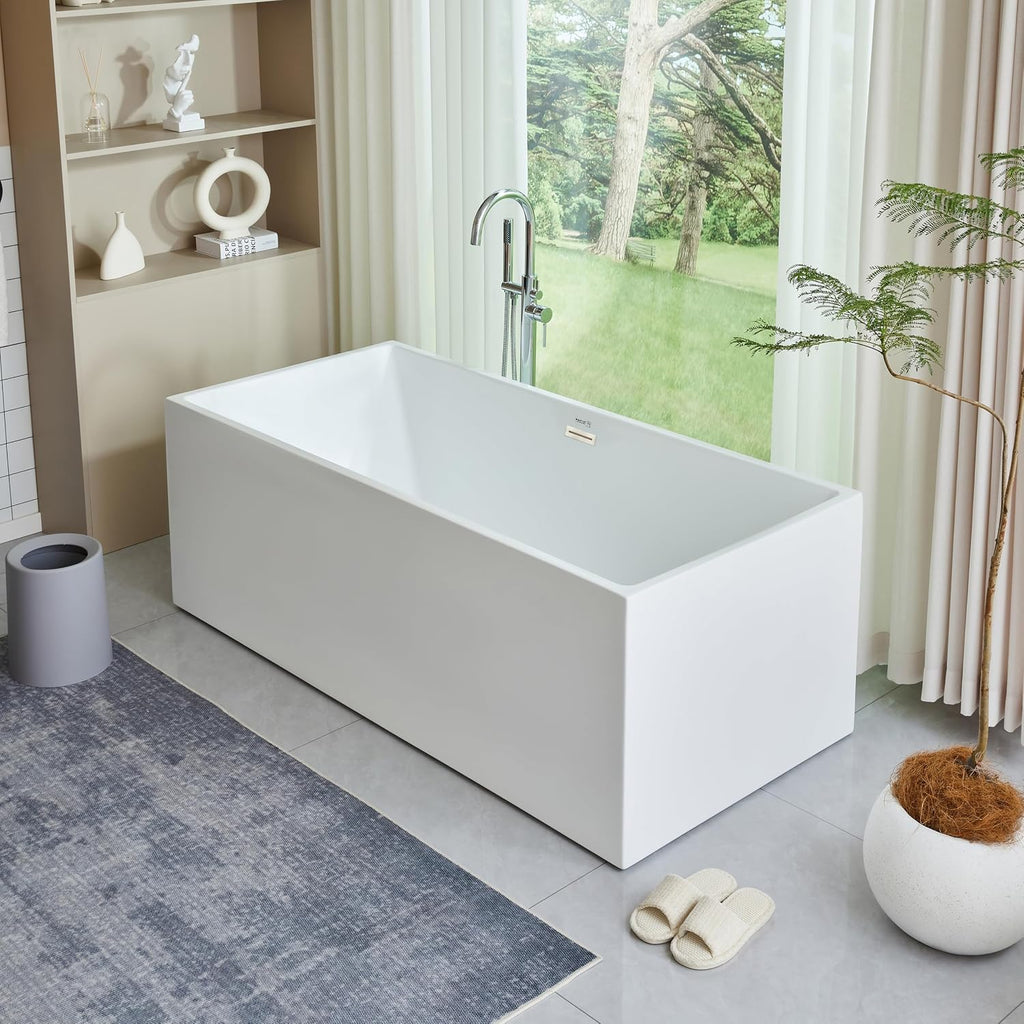 HomeBeyond 59 Inch Free Standing Bathtub | Acrylic Freestanding Bathtub Soaking Tub, Modern Bathroom Stand Alone Tub Suitable for Single Person Bathing, with Pop-up Drain Overflow