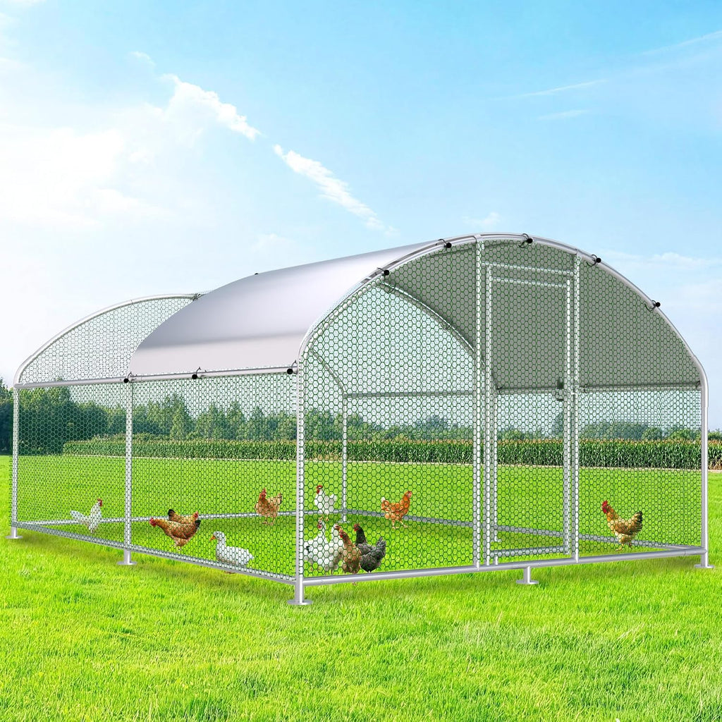 Large Metal Chicken Coop, Chicken Runs for Yard with Cover Walk-in Poultry Cage for 10 20 Chickens, Chicken Pen Duck Coop with Round Water-Resident Top and Feeding Door, Hen House 12.8Lx9.84Wx6.23H FT