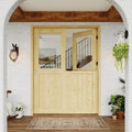 Exterior Dutch Door Slab, 60' x 80', Universal 1 Lite Panel Split Single Doors, Solid Core Home Door, Natural Pine Wood - with 8 Black Hinges & 2 Latch, Without Jamb