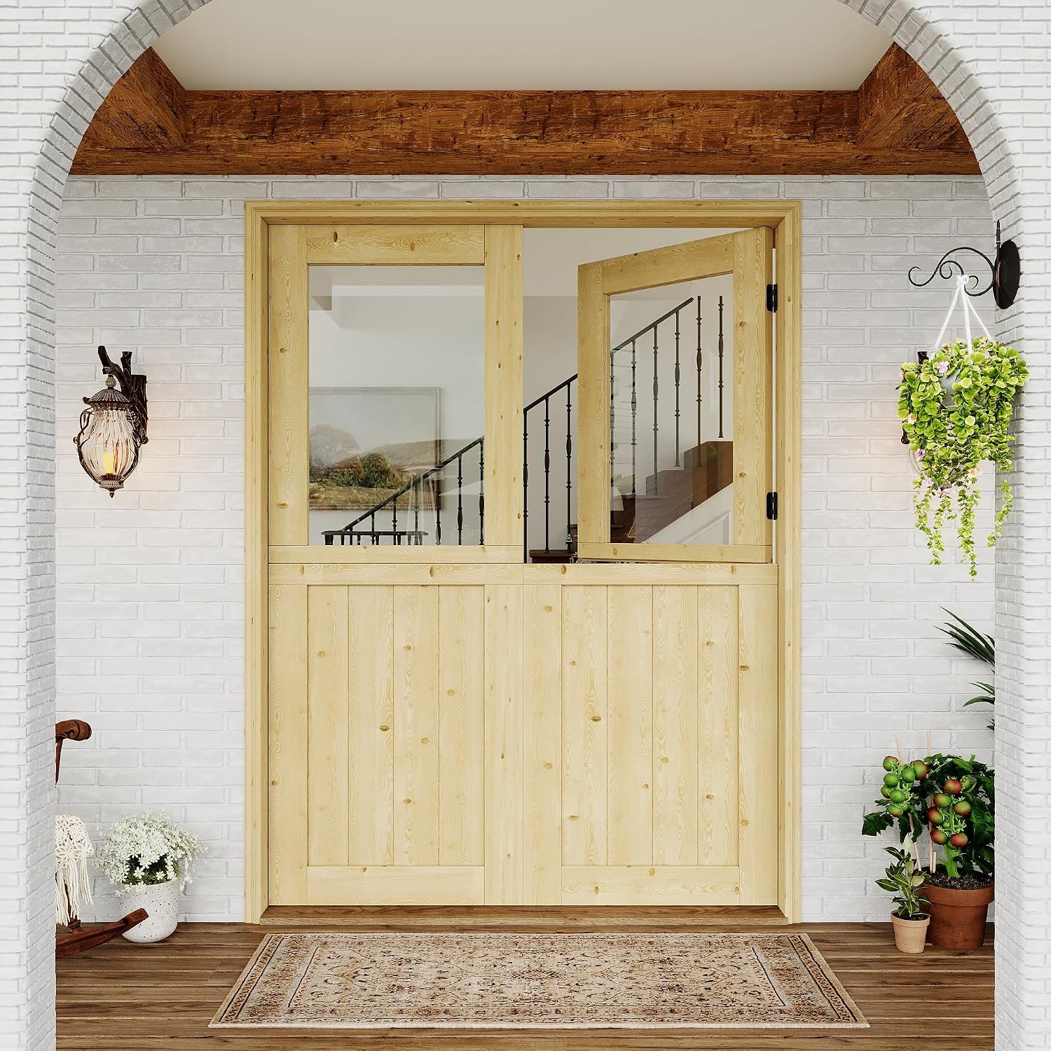 Exterior Dutch Door Slab, 60' x 80', Universal 1 Lite Panel Split Single Doors, Solid Core Home Door, Natural Pine Wood - with 8 Black Hinges & 2 Latch, Without Jamb