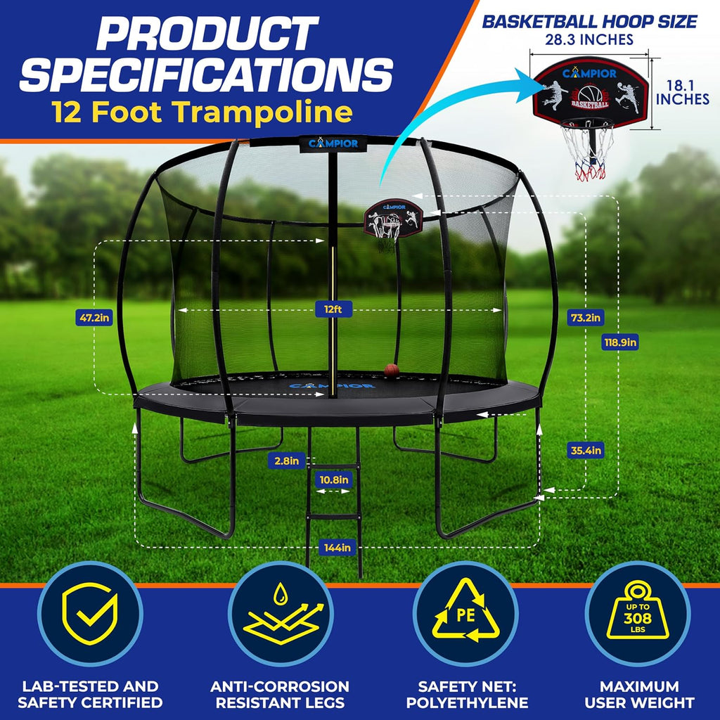 Pumpkin Trampoline with Basketball Hoop & Inner Enclosure - Safe, Durable,Family Fun - Heavy Duty Galvanized Springs - Waterproof Padding - Stable Base - Outdoor Backyard Style